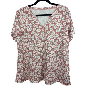 Women’s Lumion White & Blue Floral Designed Pink V-Cut T-Shirt Sz XL